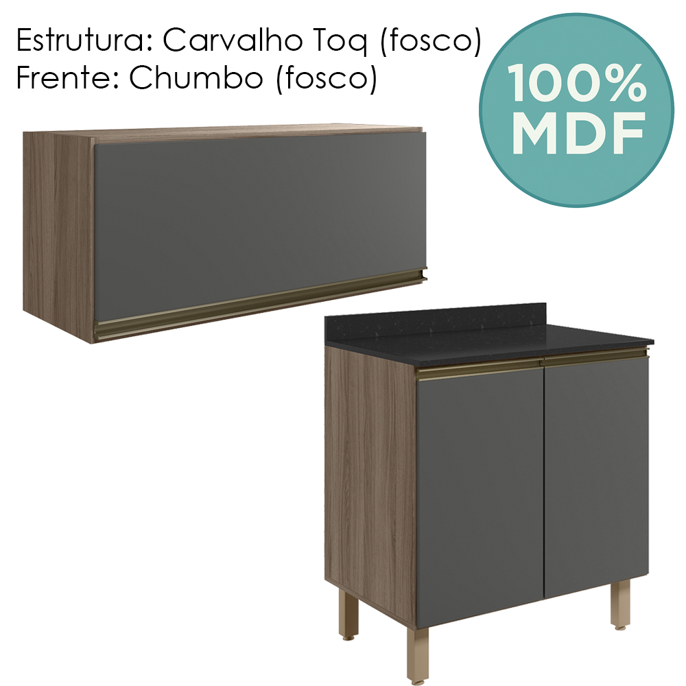Armario Aereo E Balcao MDF 80cm Kali Carvalho Toq Chumbo Nicioli