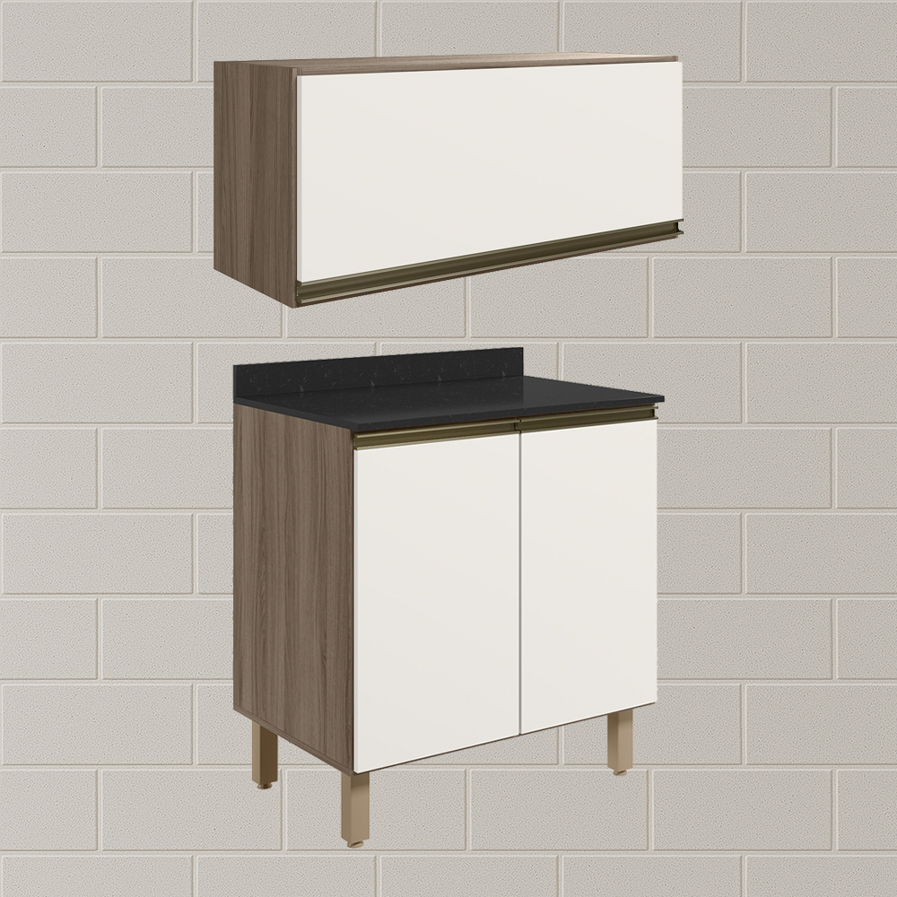 Armario Aereo E Balcao MDF 80cm Kali Carvalho Toq Off White Cetim Nicioli