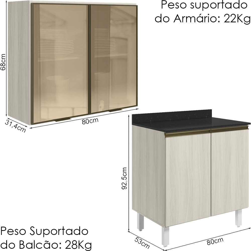 Armario Aereo Vidro Balcao 2P 80cm MDF Kali Bianco Toq Bianco Toq Nicioli