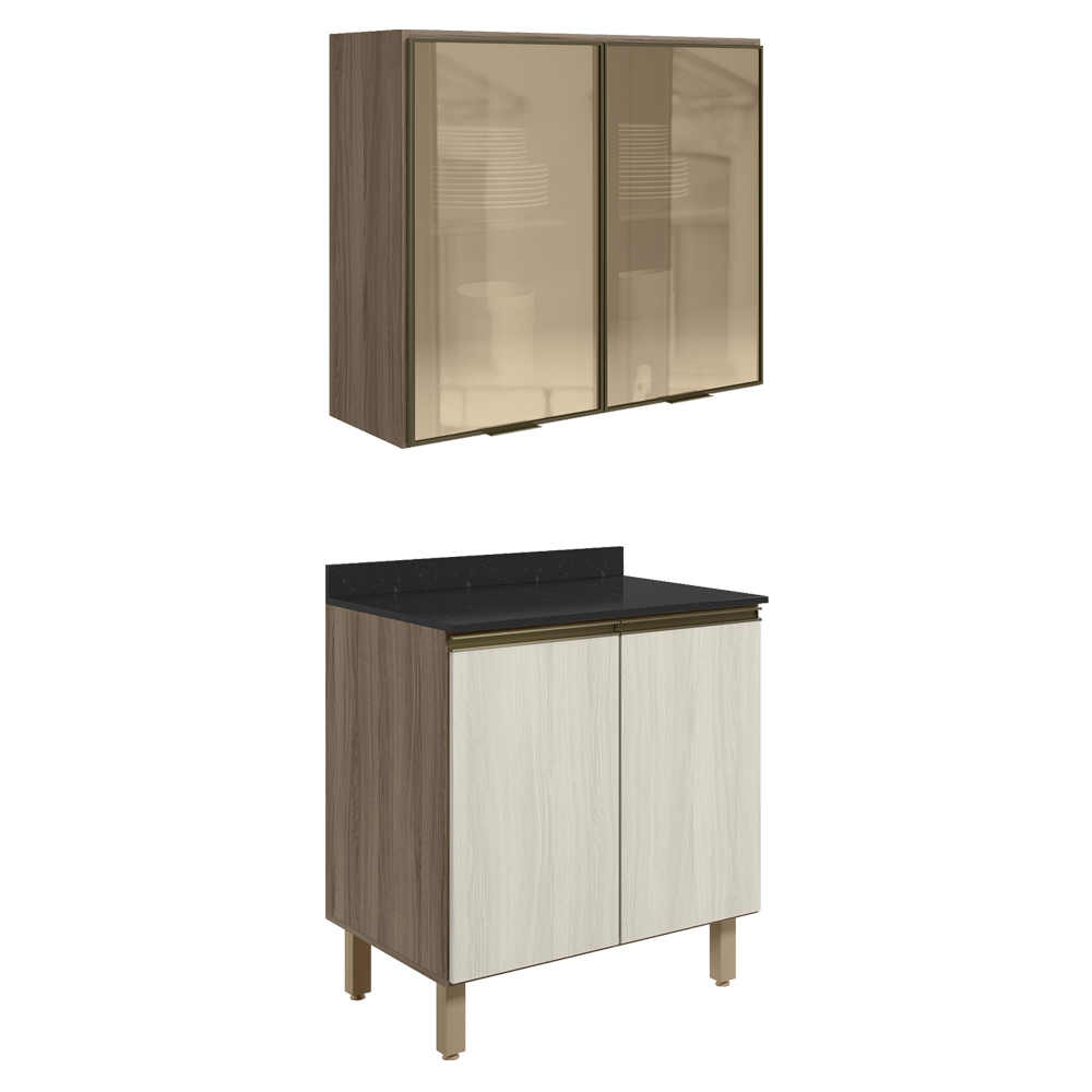 Armario Aereo Vidro Balcao 2P 80cm MDF Kali Carvalho Toq Bianco Toq Nicioli