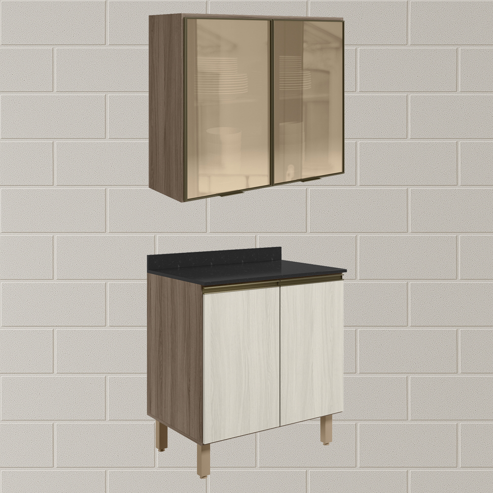 Armario Aereo Vidro Balcao 2P 80cm MDF Kali Carvalho Toq Bianco Toq Nicioli