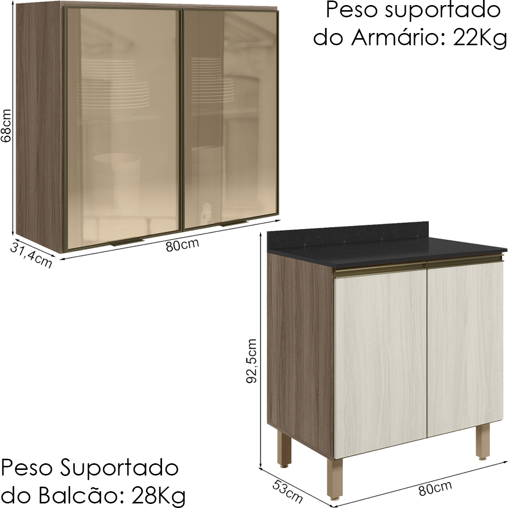 Armario Aereo Vidro Balcao 2P 80cm MDF Kali Carvalho Toq Bianco Toq Nicioli