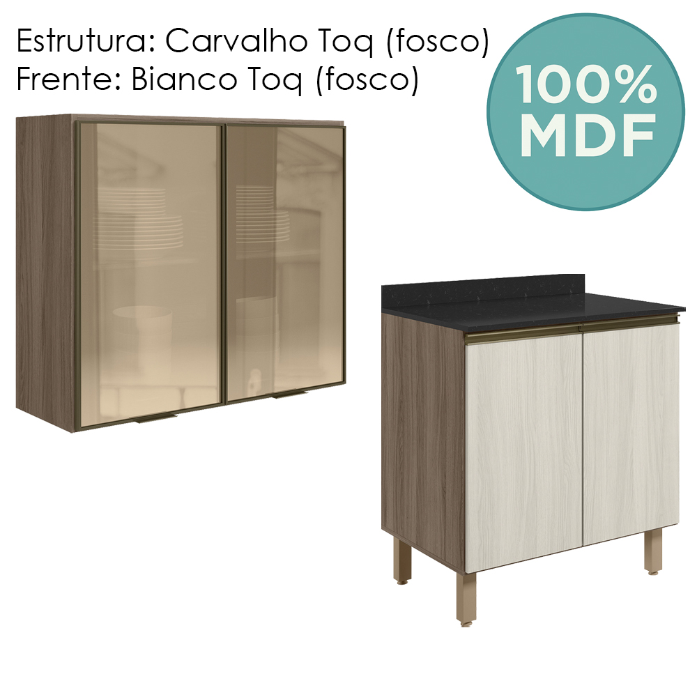Armario Aereo Vidro Balcao 2P 80cm MDF Kali Carvalho Toq Bianco Toq Nicioli