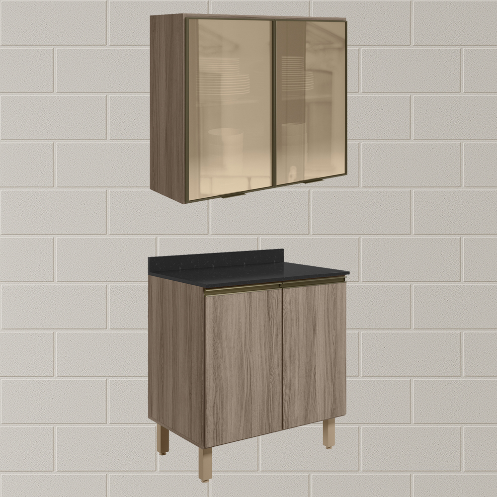 Armario Aereo Vidro Balcao 2P 80cm MDF Kali Carvalho Toq Carvalho Toq Nicioli