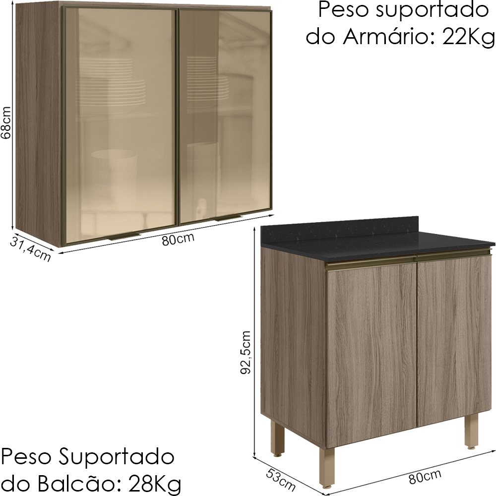 Armario Aereo Vidro Balcao 2P 80cm MDF Kali Carvalho Toq Carvalho Toq Nicioli