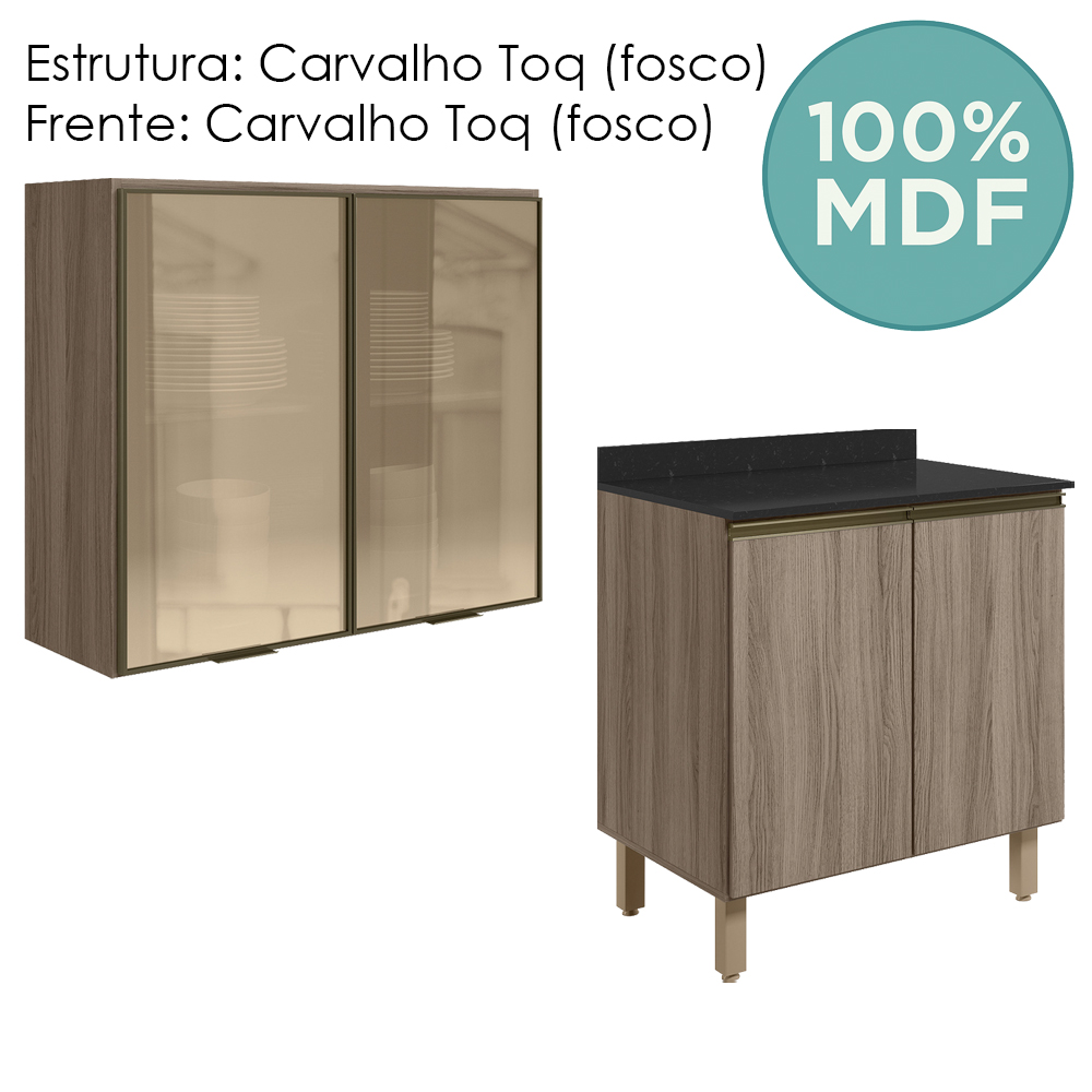 Armario Aereo Vidro Balcao 2P 80cm MDF Kali Carvalho Toq Carvalho Toq Nicioli