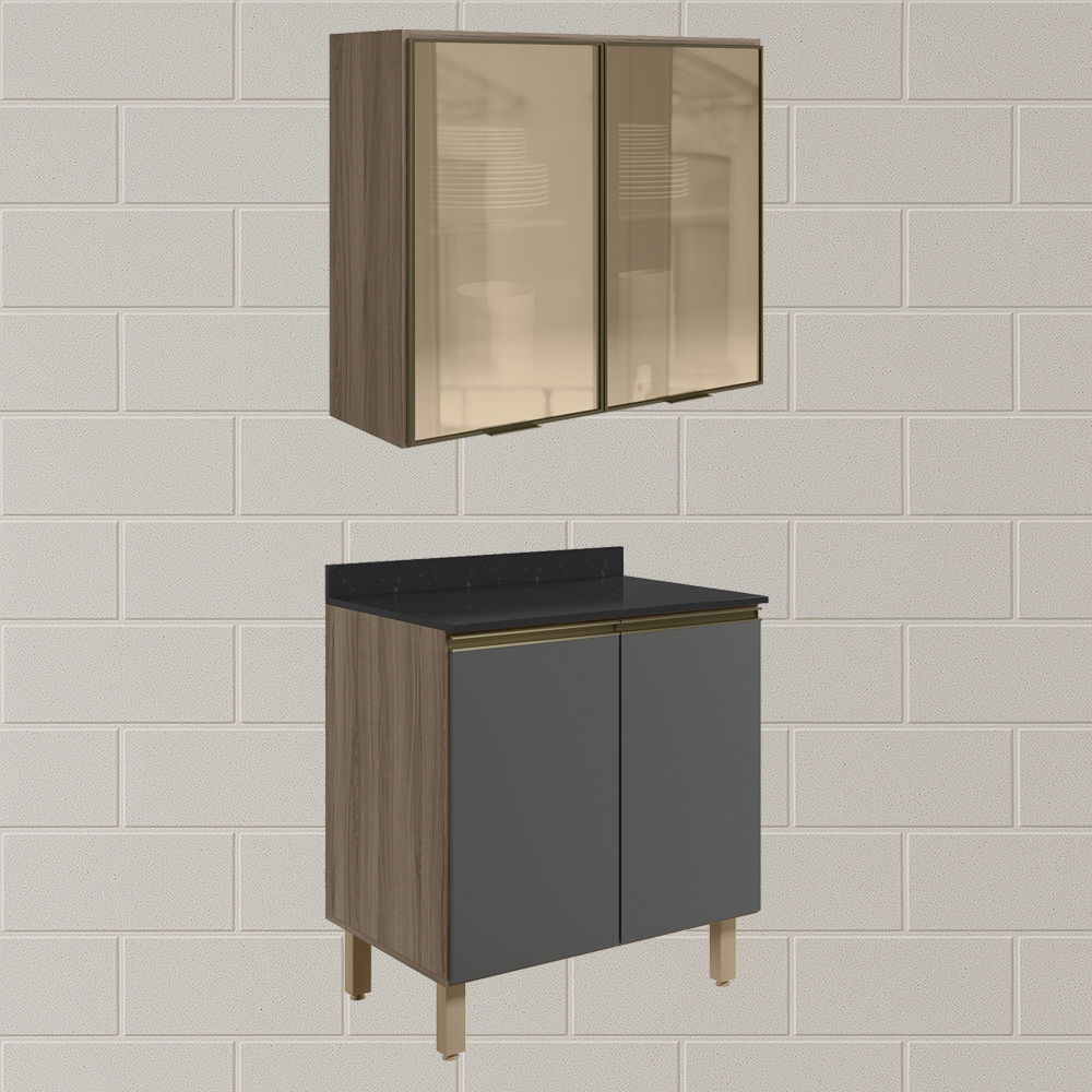 Armario Aereo Vidro Balcao 2P 80cm MDF Kali Carvalho Toq Chumbo Nicioli