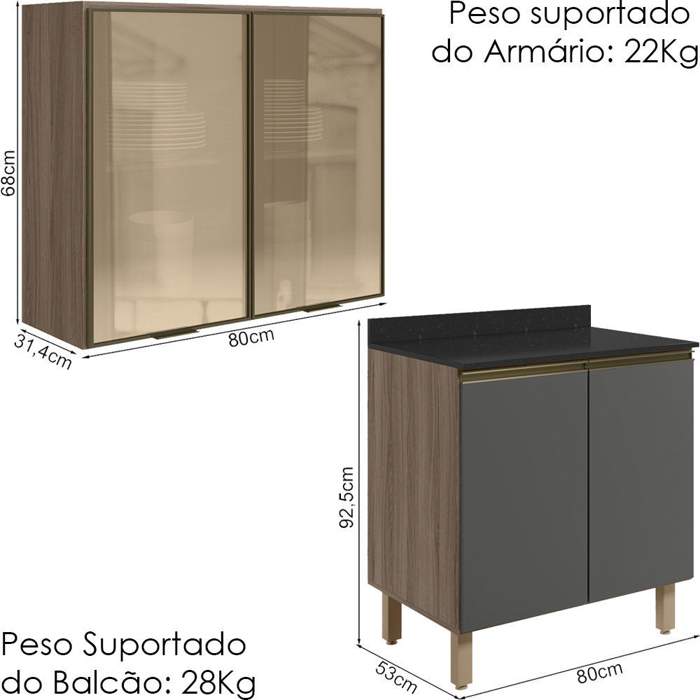 Armario Aereo Vidro Balcao 2P 80cm MDF Kali Carvalho Toq Chumbo Nicioli