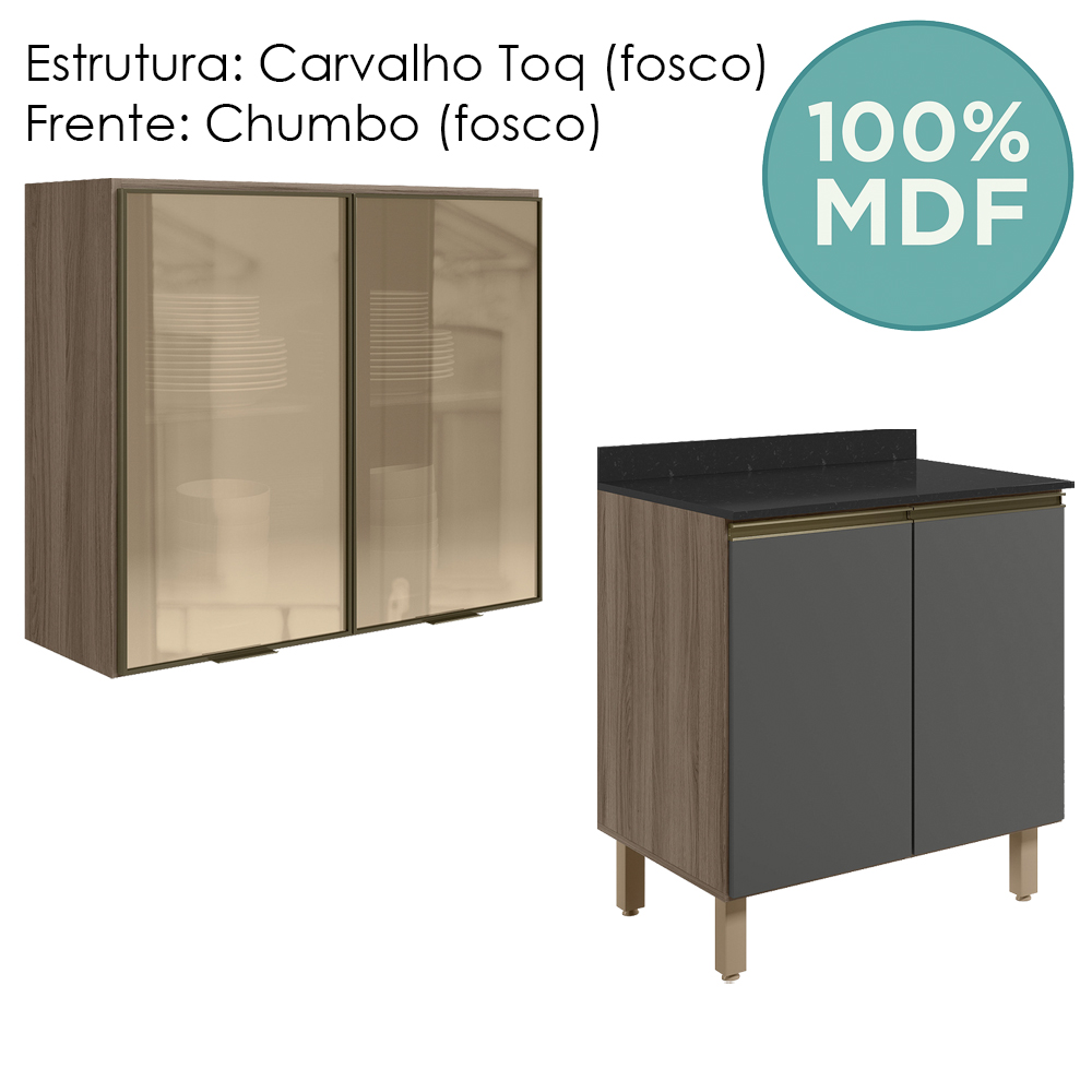 Armario Aereo Vidro Balcao 2P 80cm MDF Kali Carvalho Toq Chumbo Nicioli