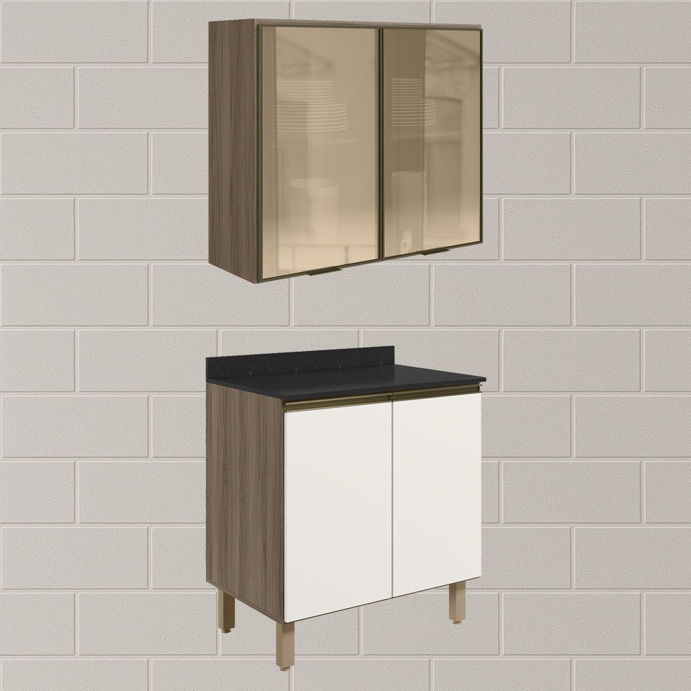 Armario Aereo Vidro Balcao 2P 80cm MDF Kali Carvalho Toq Off White Cetim Nicioli