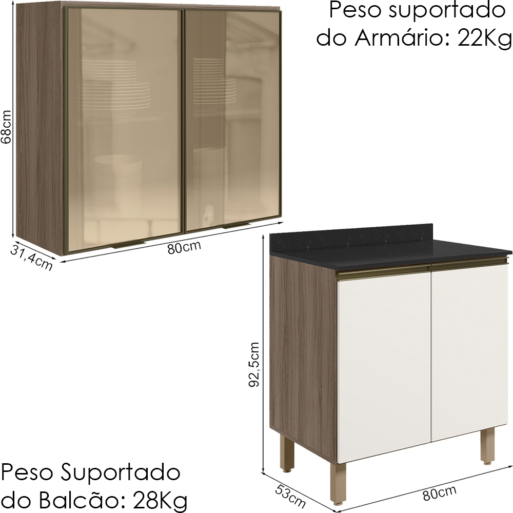 Armario Aereo Vidro Balcao 2P 80cm MDF Kali Carvalho Toq Off White Cetim Nicioli
