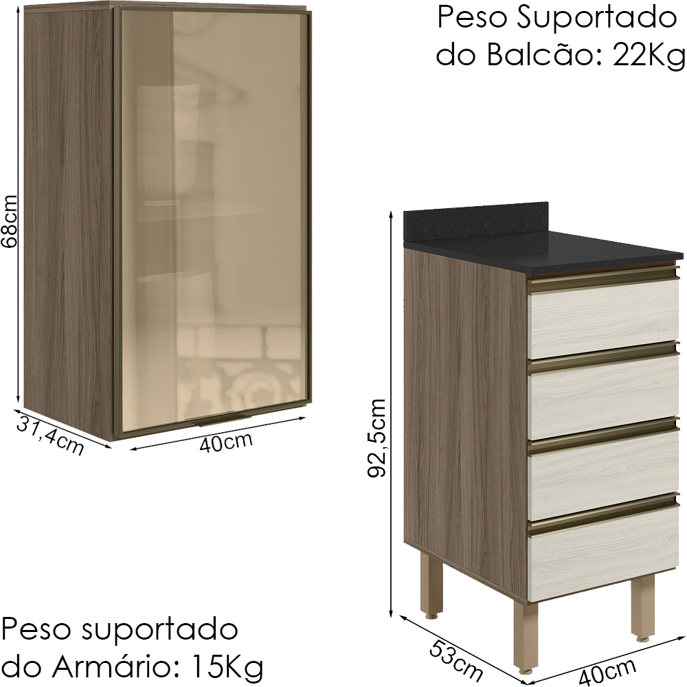 Armario Aereo Vidro Balcao 4G 40 cm MDF Kali Carvalho Toq Bianco Toq Nicioli