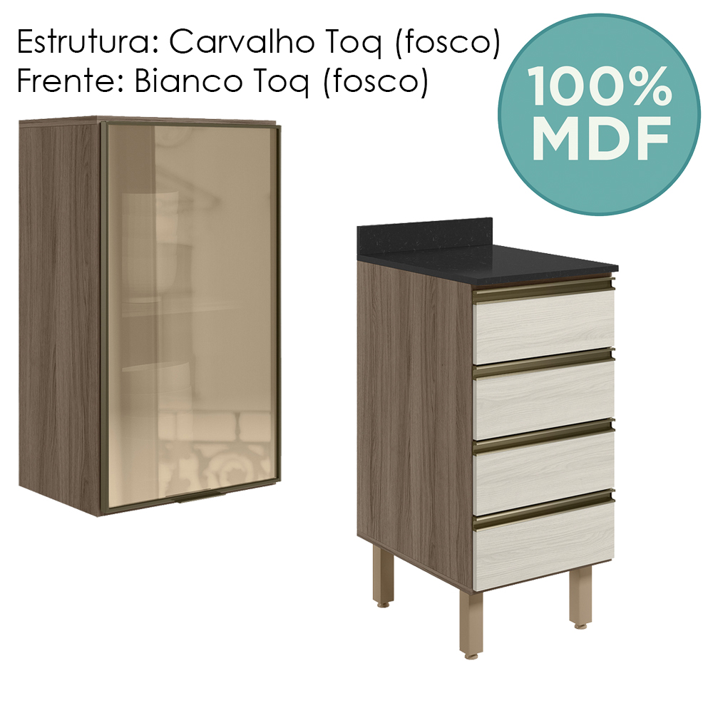 Armario Aereo Vidro Balcao 4G 40 cm MDF Kali Carvalho Toq Bianco Toq Nicioli