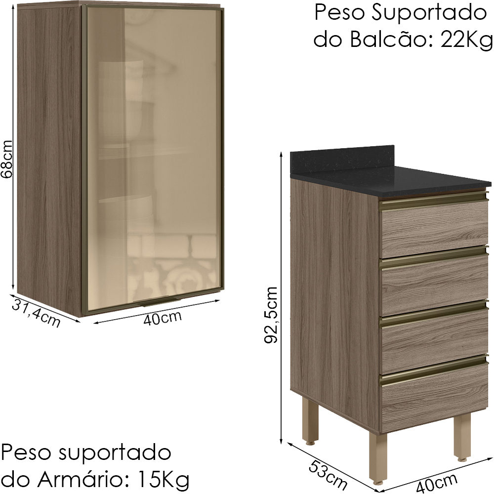 Armario Aereo Vidro Balcao 4G 40 cm MDF Kali Carvalho Toq Carvalho Toq Nicioli