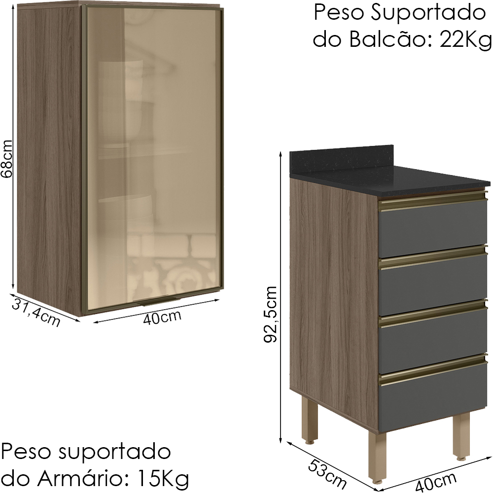 Armario Aereo Vidro Balcao 4G 40 cm MDF Kali Carvalho Toq Chumbo Nicioli