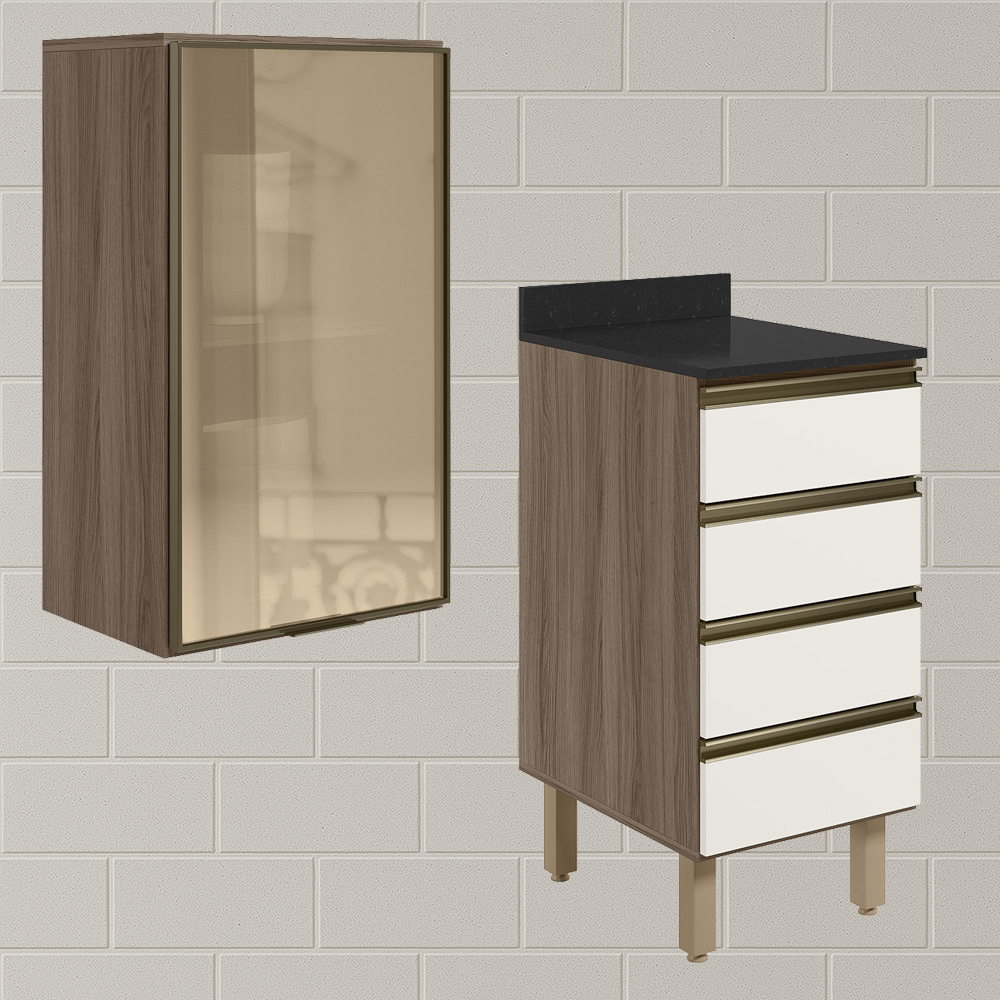 Armario Aereo Vidro Balcao 4G 40 cm MDF Kali Carvalho Toq Off White Cetim Nicioli