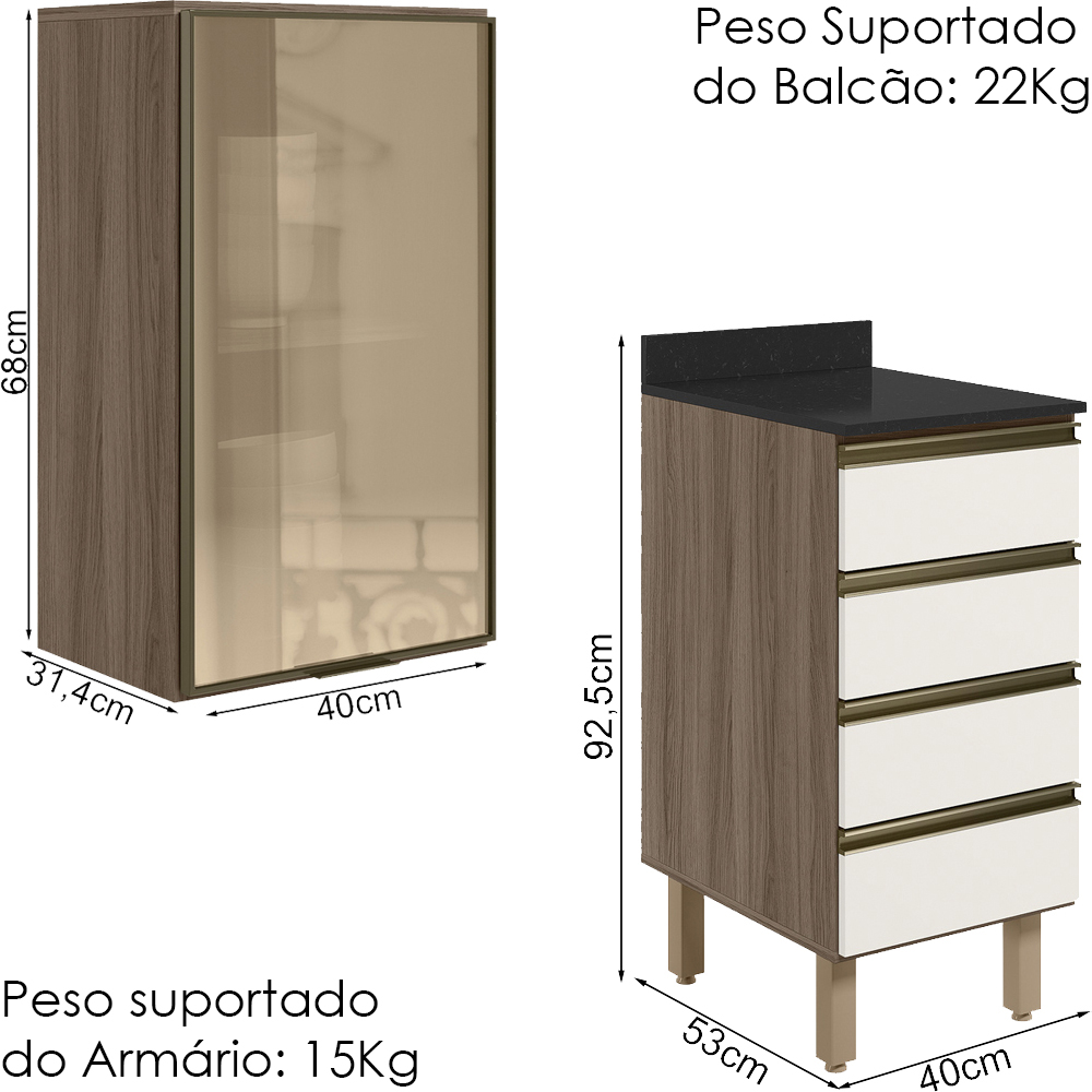 Armario Aereo Vidro Balcao 4G 40 cm MDF Kali Carvalho Toq Off White Cetim Nicioli