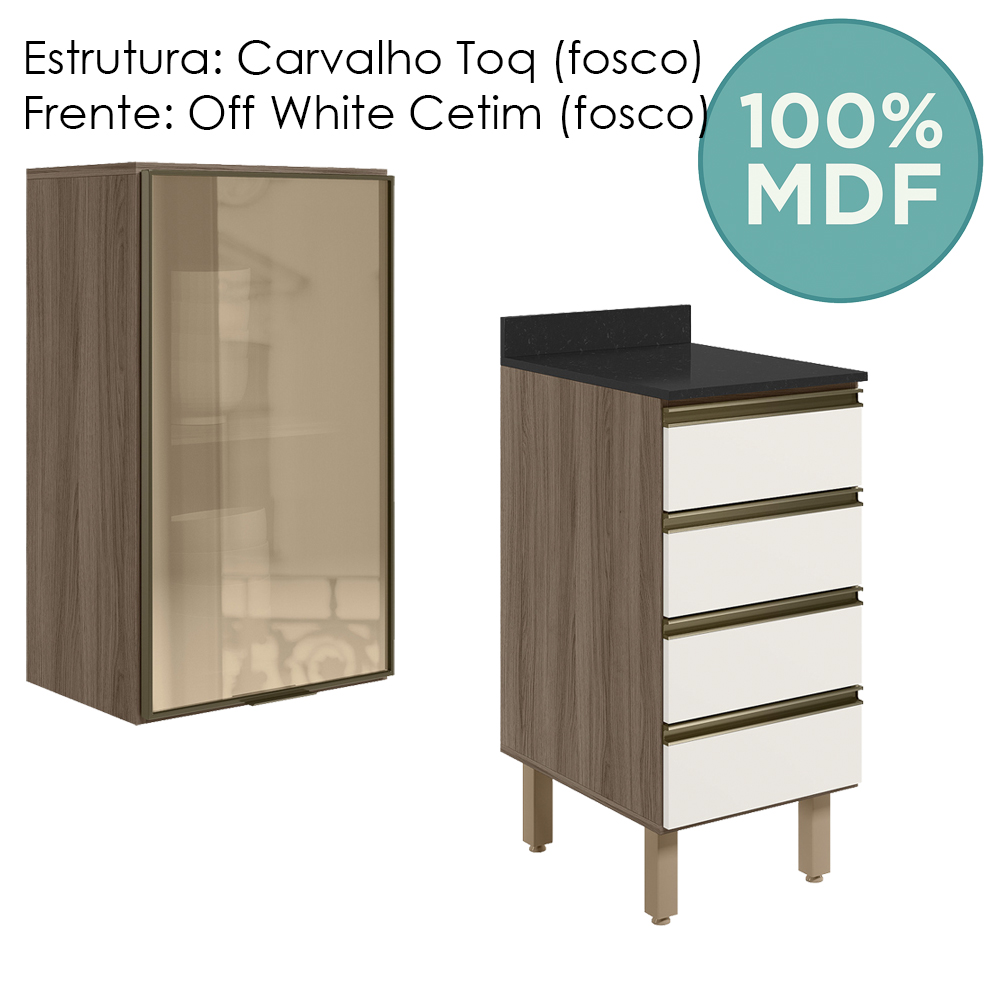 Armario Aereo Vidro Balcao 4G 40 cm MDF Kali Carvalho Toq Off White Cetim Nicioli
