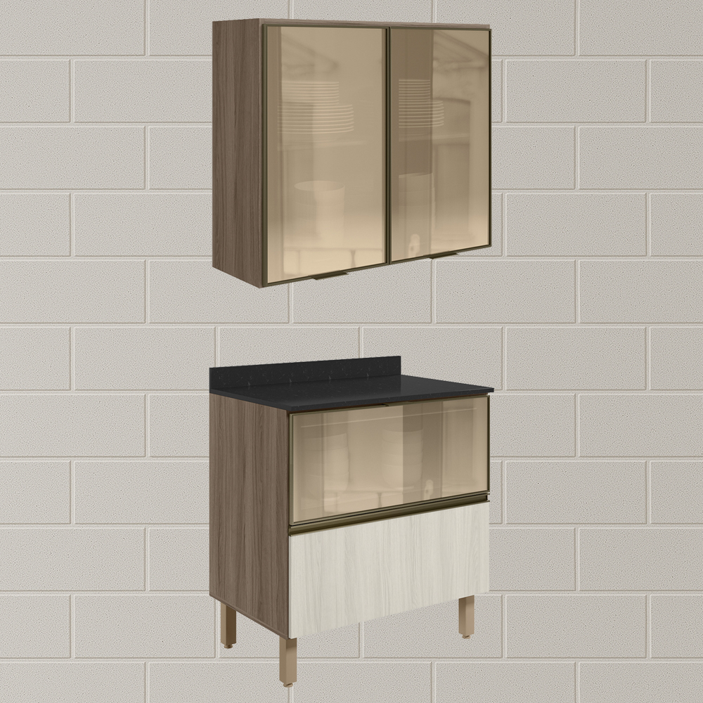 Armario Aereo Vidro Balcao 80 cm MDF Kali Carvalho Toq Bianco Toq Nicioli