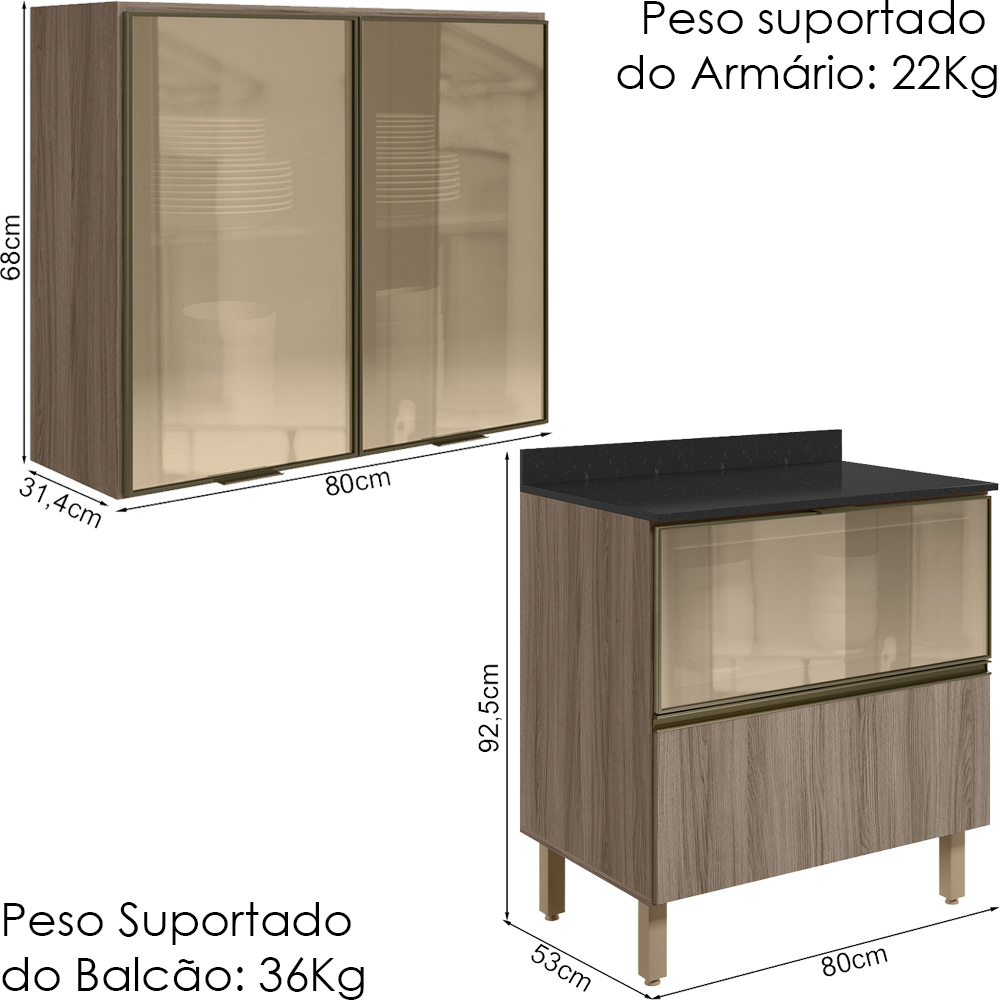 Armario Aereo Vidro Balcao 80 cm MDF Kali Carvalho Toq Carvalho Toq Nicioli