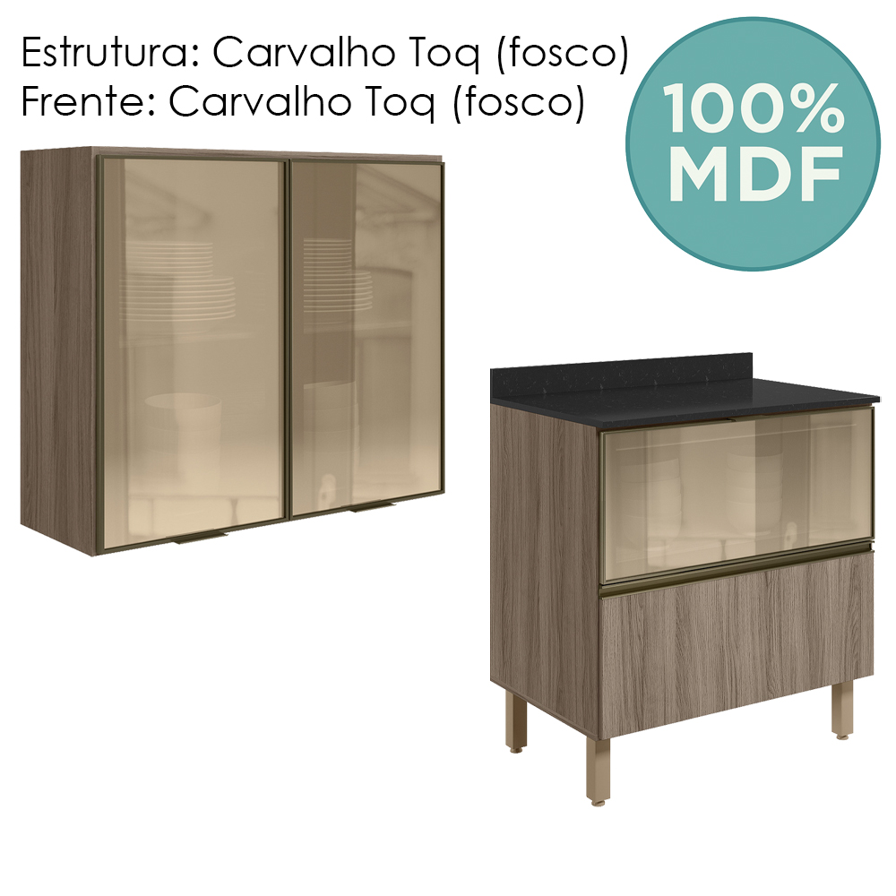 Armario Aereo Vidro Balcao 80 cm MDF Kali Carvalho Toq Carvalho Toq Nicioli