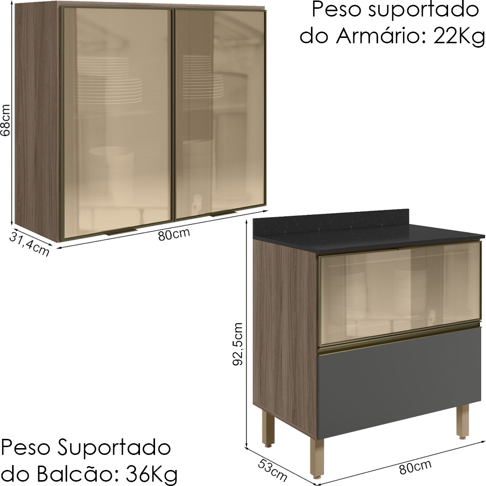 Armario Aereo Vidro Balcao 80 cm MDF Kali Carvalho Toq Chumbo Nicioli