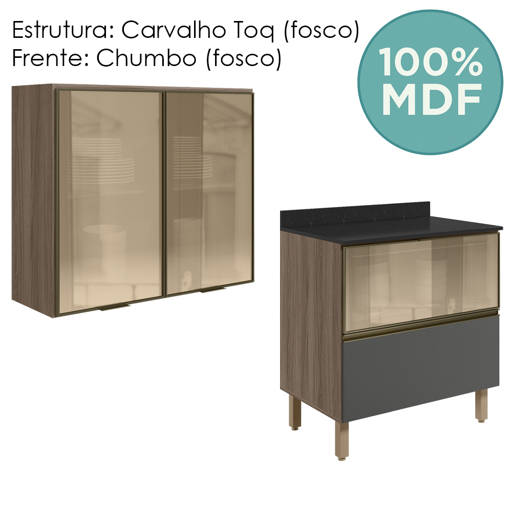 Armario Aereo Vidro Balcao 80 cm MDF Kali Carvalho Toq Chumbo Nicioli
