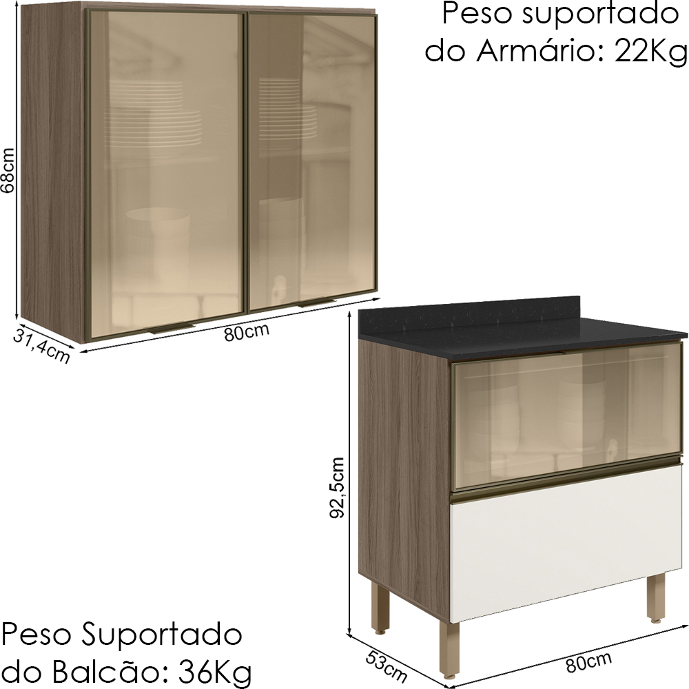 Armario Aereo Vidro Balcao 80 cm MDF Kali Carvalho Toq Off White Cetim Nicioli