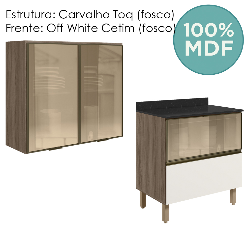 Armario Aereo Vidro Balcao 80 cm MDF Kali Carvalho Toq Off White Cetim Nicioli