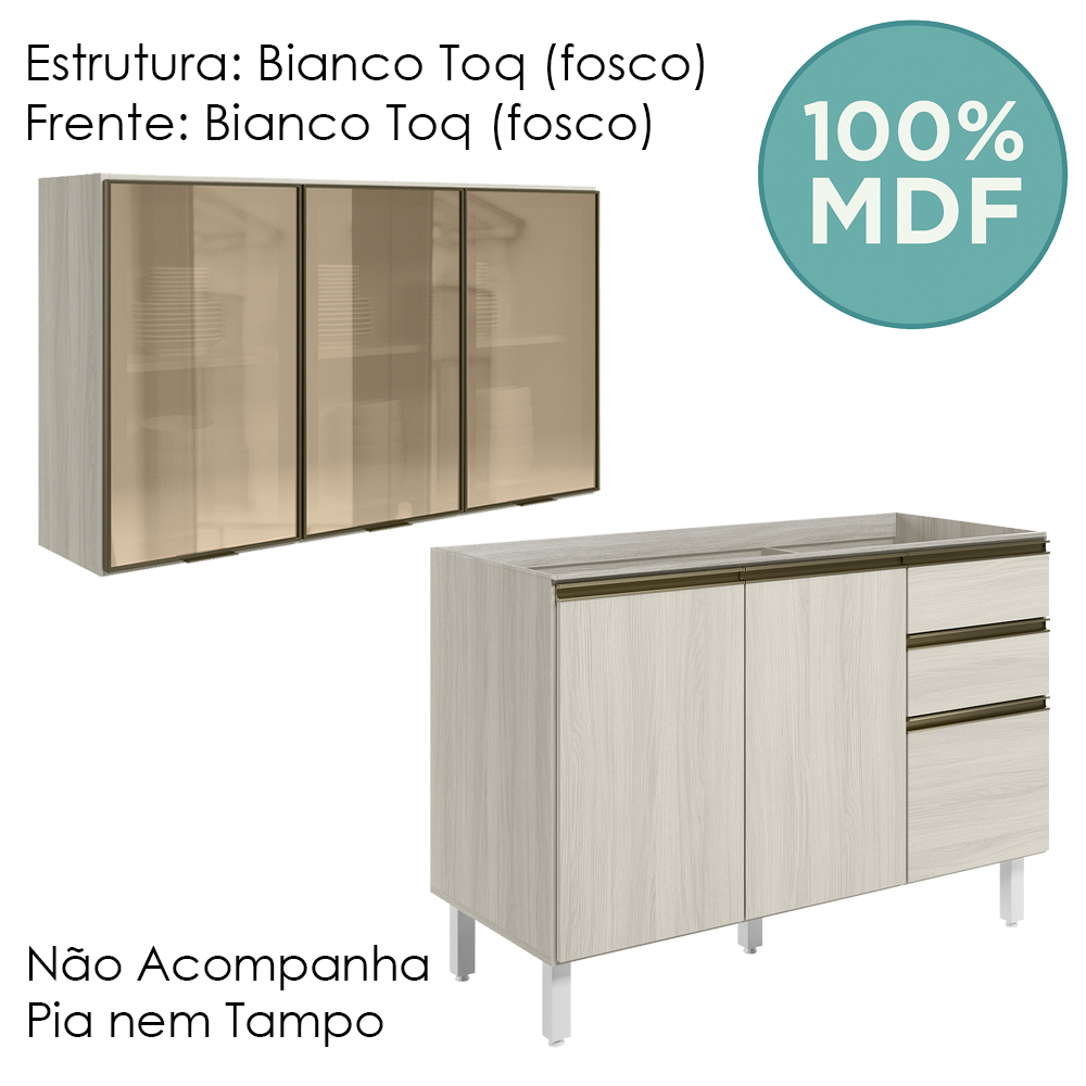 Armario Aereo Vidro Balcao Pia MDF Kali Bianco Toq Bianco Toq Nicioli