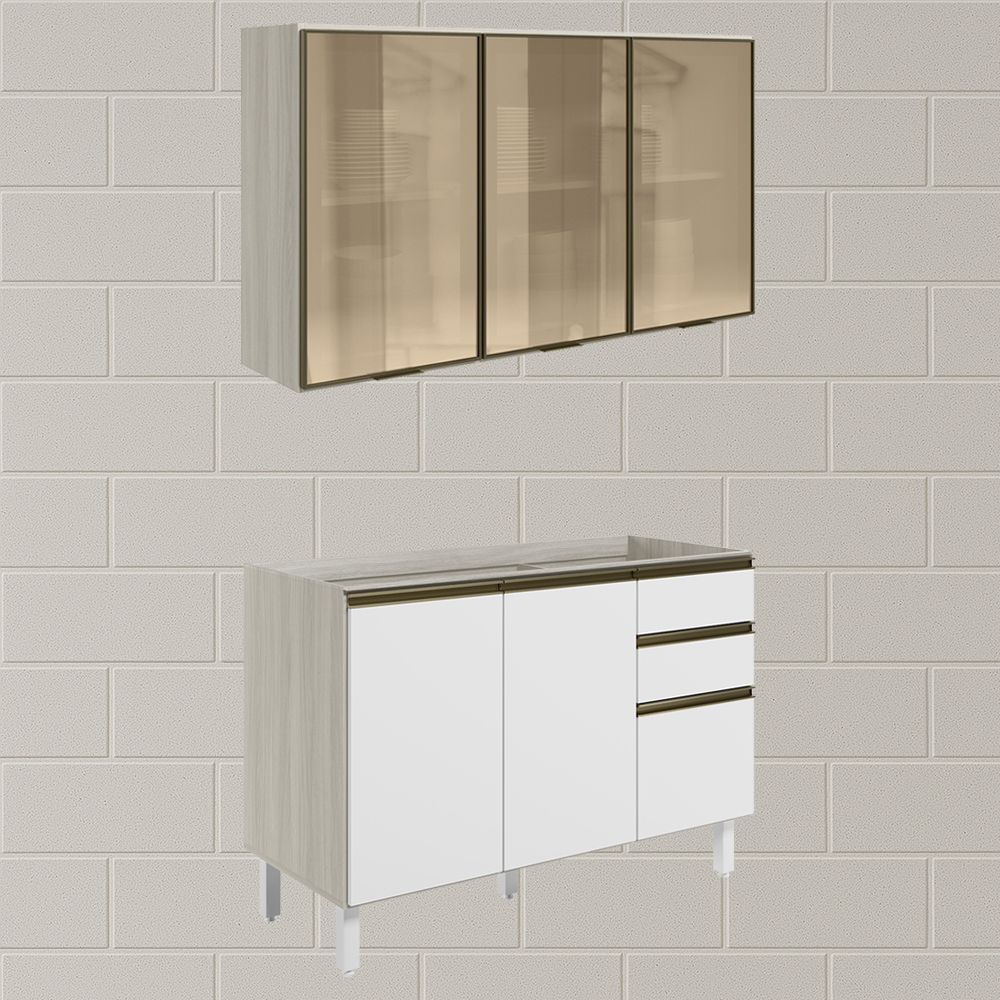 Armario Aereo Vidro Balcao Pia MDF Kali Bianco Toq Branco Uv Nicioli