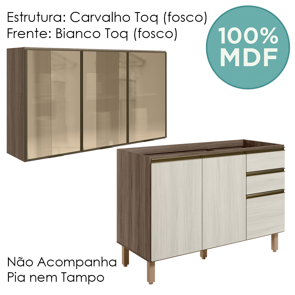 Armario Aereo Vidro Balcao Pia MDF Kali Carvalho Toq Bianco Toq Nicioli