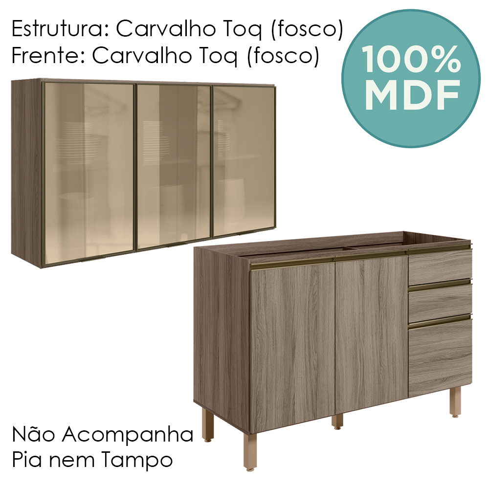 Armario Aereo Vidro Balcao Pia MDF Kali Carvalho Toq Carvalho Toq Nicioli