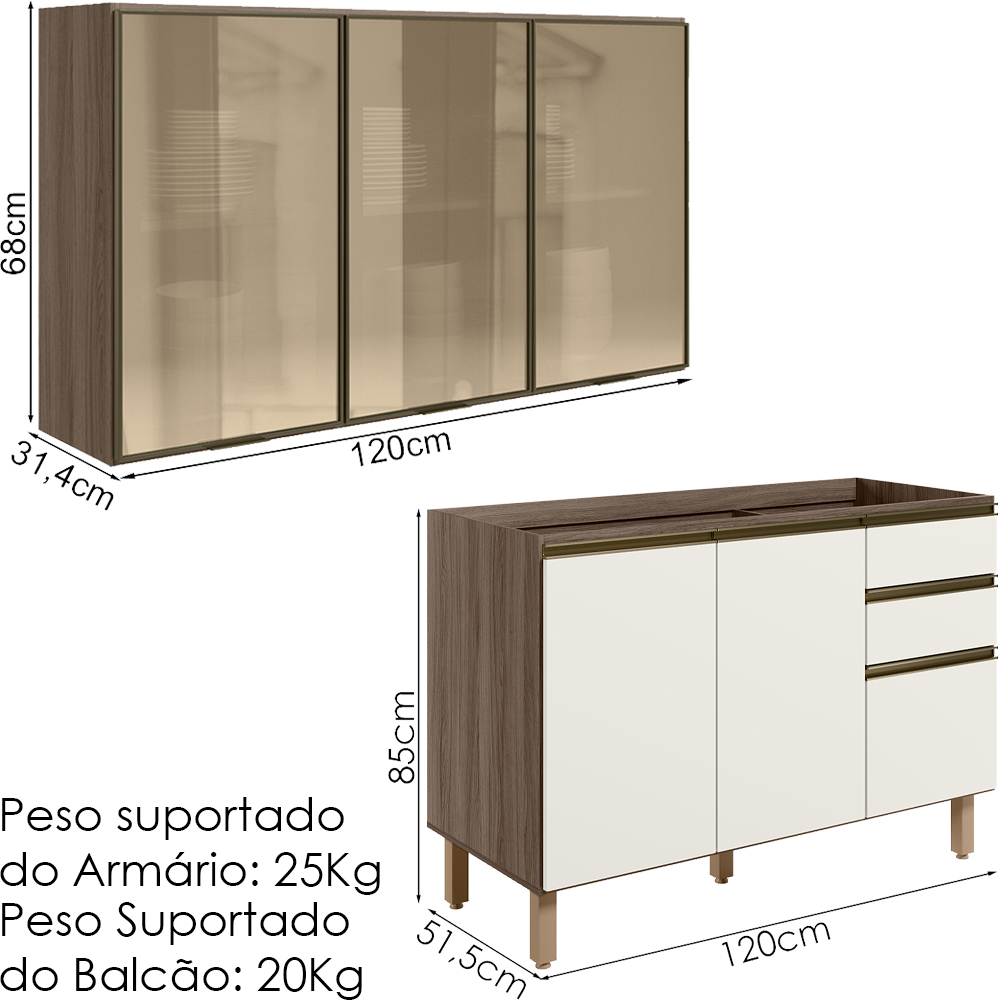 Armario Aereo Vidro Balcao Pia MDF Kali Carvalho Toq Off White Cetim Nicioli