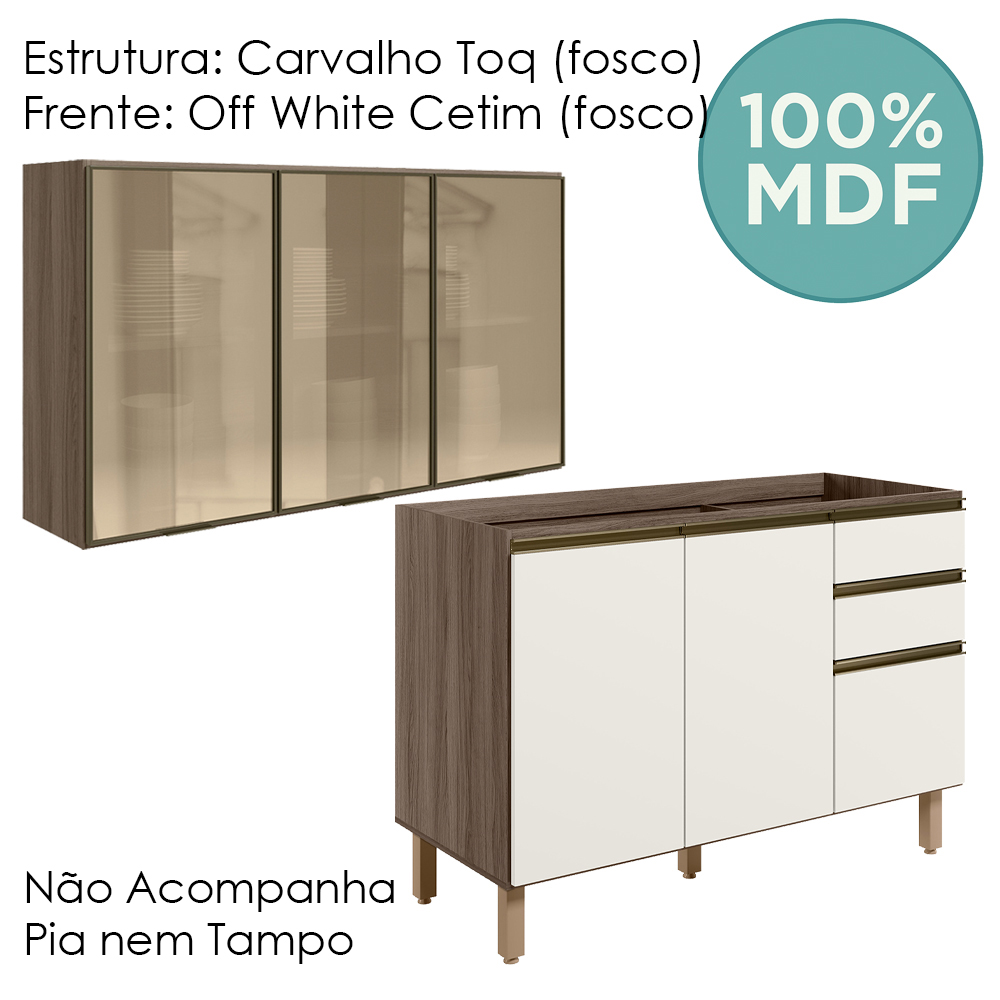 Armario Aereo Vidro Balcao Pia MDF Kali Carvalho Toq Off White Cetim Nicioli