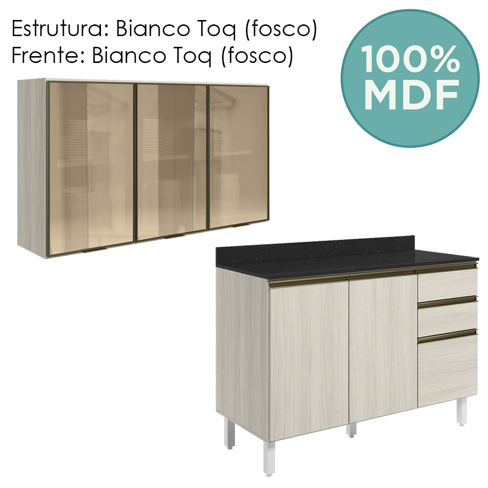 Armario Aereo Vidro Balcao Tampo MDF Kali Bianco Toq Bianco Toq Nicioli