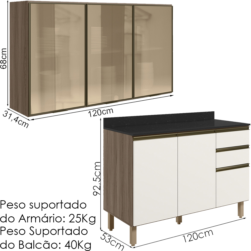 Armario Aereo Vidro Balcao Tampo MDF Kali Carvalho Toq Off White Cetim Nicioli