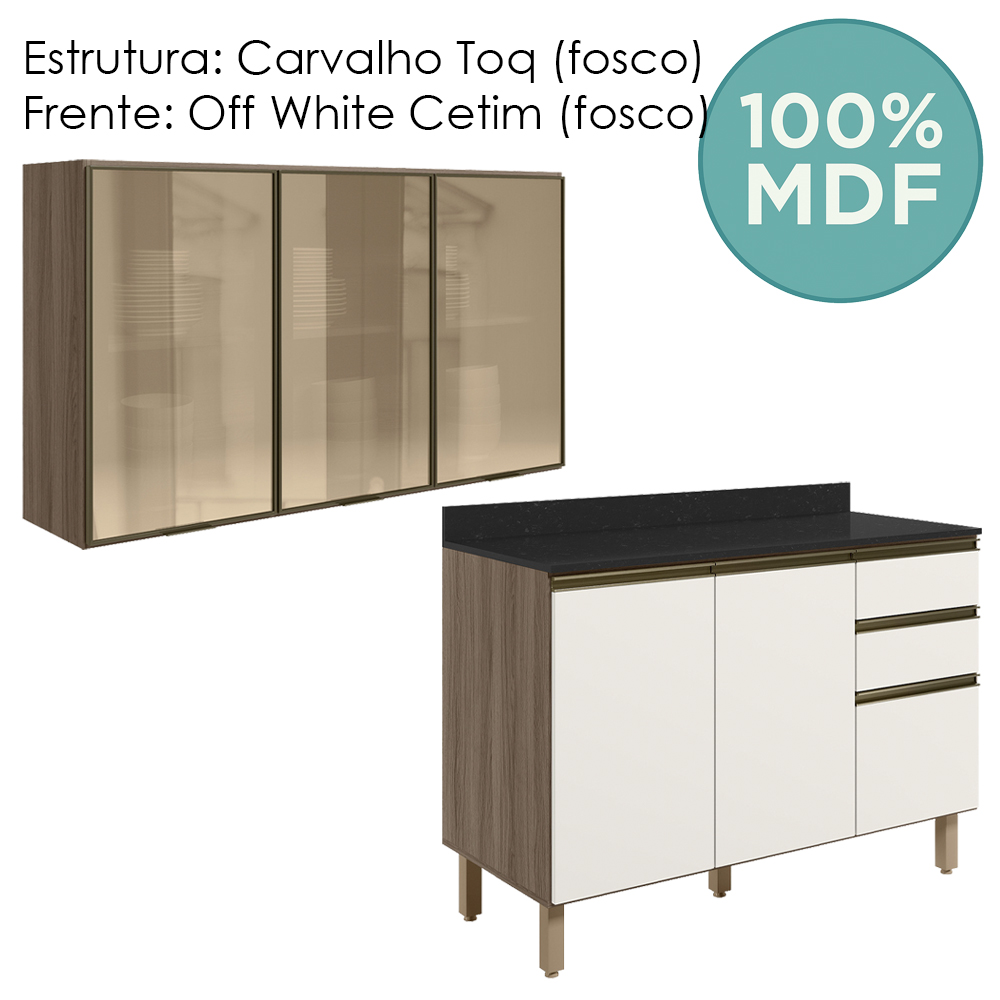 Armario Aereo Vidro Balcao Tampo MDF Kali Carvalho Toq Off White Cetim Nicioli