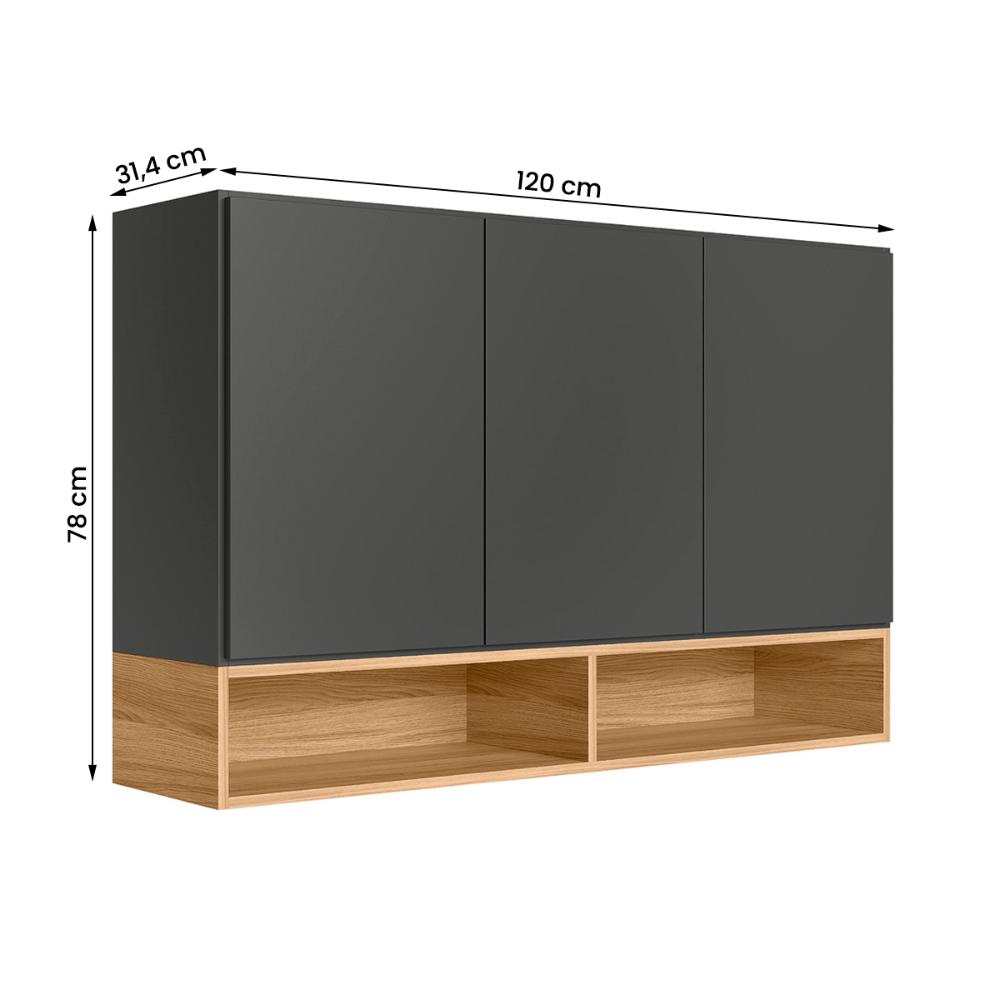 Armario Aereo de Cozinha Compacto Acacia 120cm com 3 Portas Chumbo