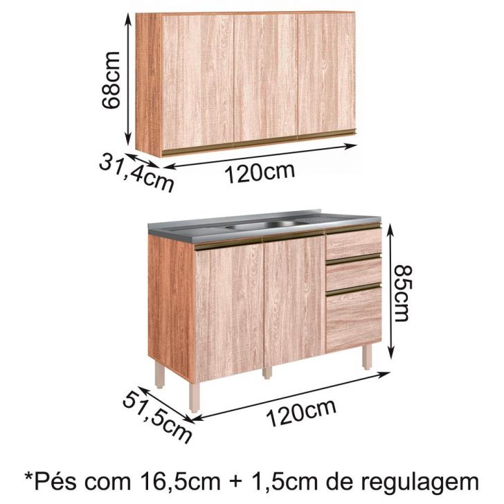 Armario Aereo E Balcao Para Pia 120cm Mdf Kali Premium Carvalho Arezzo 