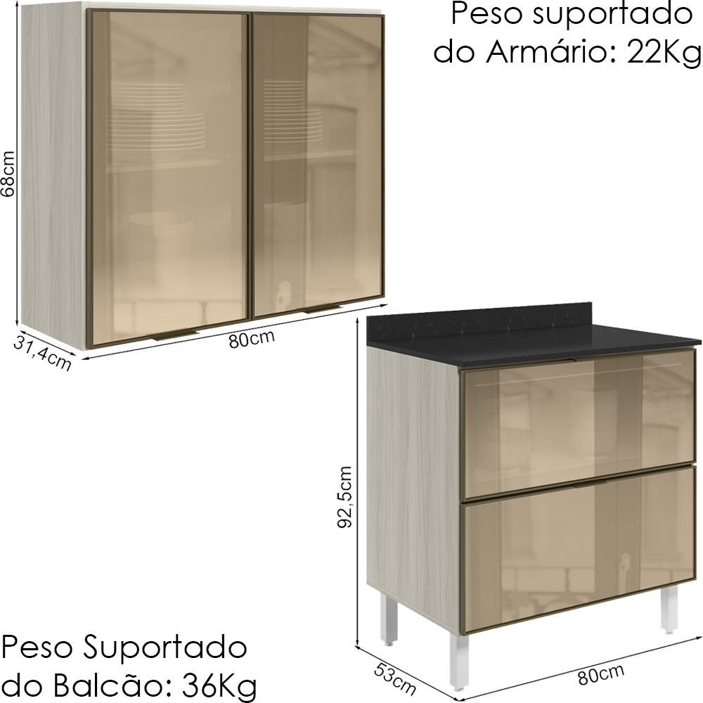 Armario Aereo e Balcao em Vidro 2P 2G 80 cm MDF Kali Bianco Toq Nicioli