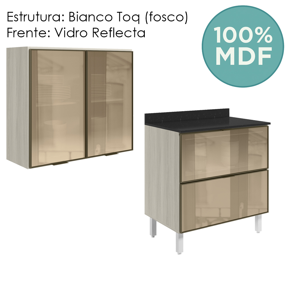 Armario Aereo e Balcao em Vidro 2P 2G 80 cm MDF Kali Bianco Toq Nicioli