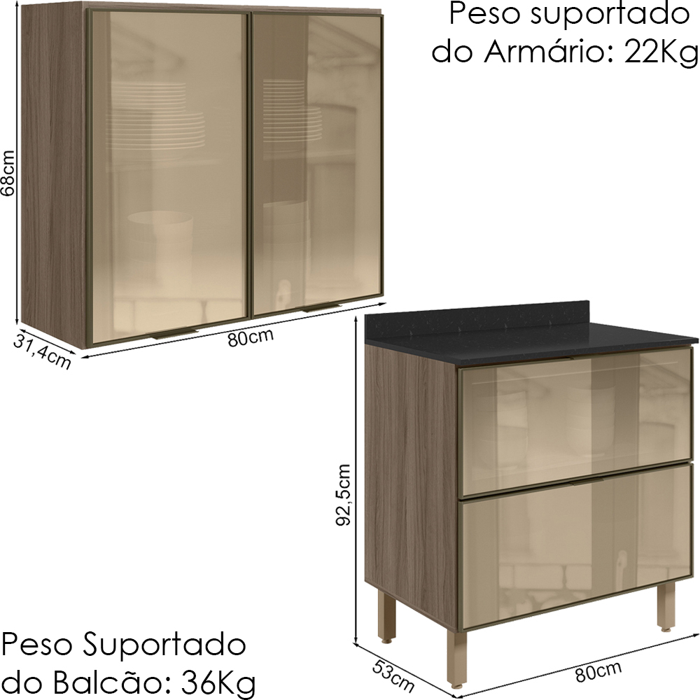 Armario Aereo e Balcao em Vidro 2P 2G 80 cm MDF Kali Carvalho Toq Nicioli