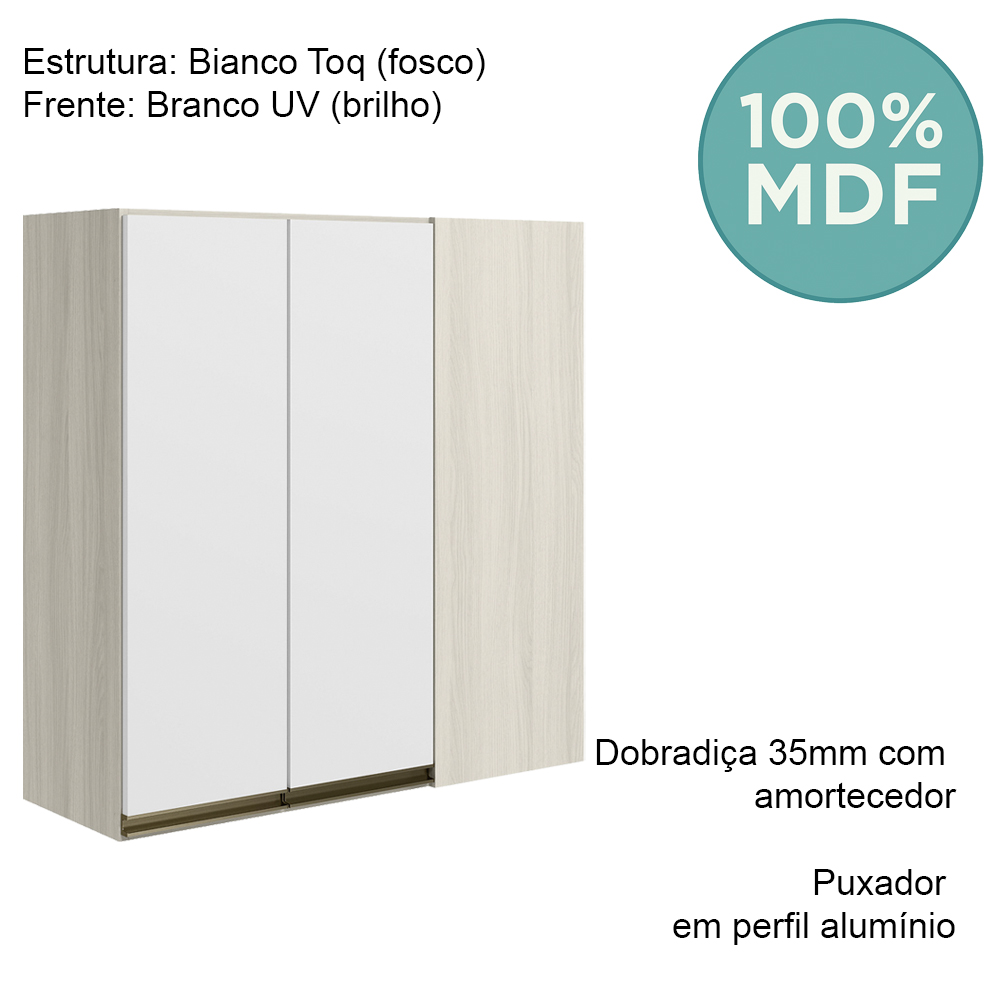 Armario Canto Reto 2P MDF 86 cm Kali 12043 Bianco Toq Branco Uv Nicioli
