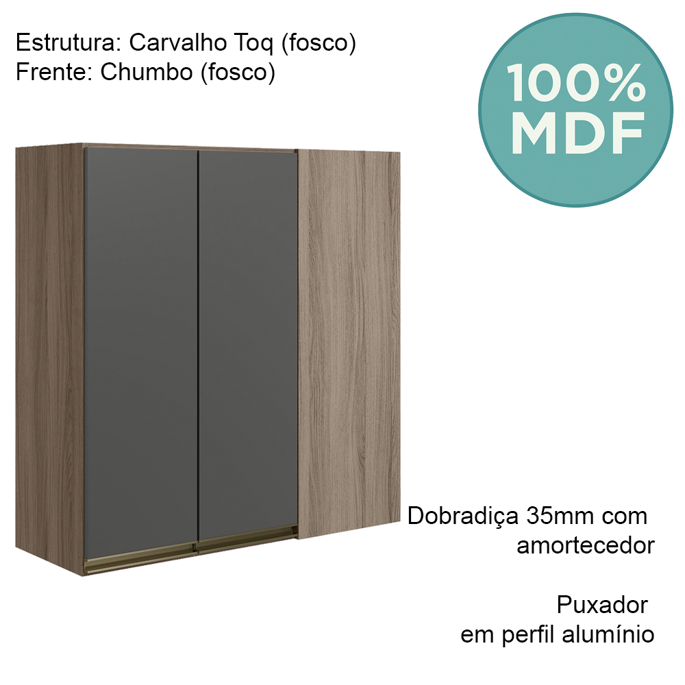 Armario Canto Reto 2P MDF 86 cm Kali 12043 Carvalho Toq Chumbo Nicioli