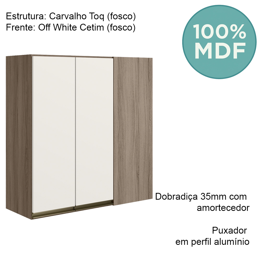 Armario Canto Reto 2P MDF 86 cm Kali 12043 Carvalho Toq Off White Cetim Nicioli