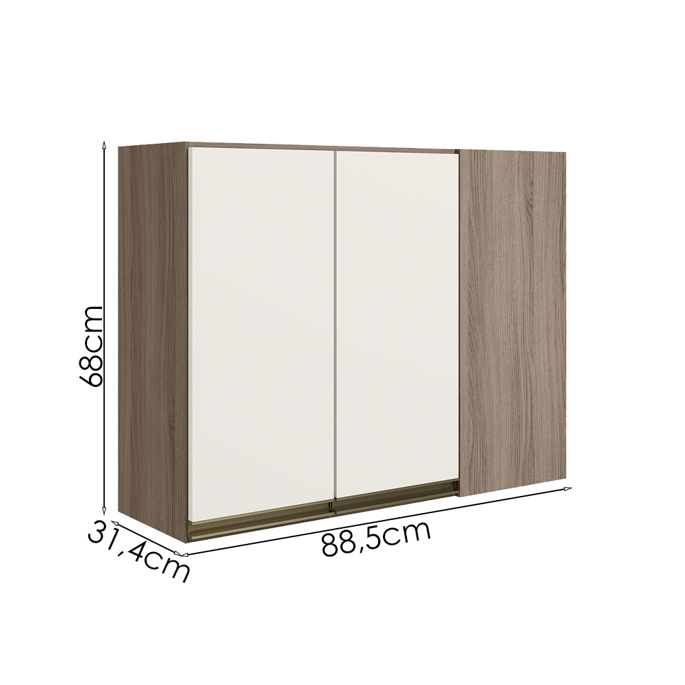 Armario Canto Reto 2P MDF 89cm Kali 12213 Carvalho Toq Off White Cetim Nicioli