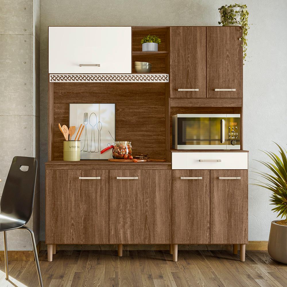 Armario Cozinha 7 Portas e 1 Gaveta Yara Evora Rustico/Off White Cristal