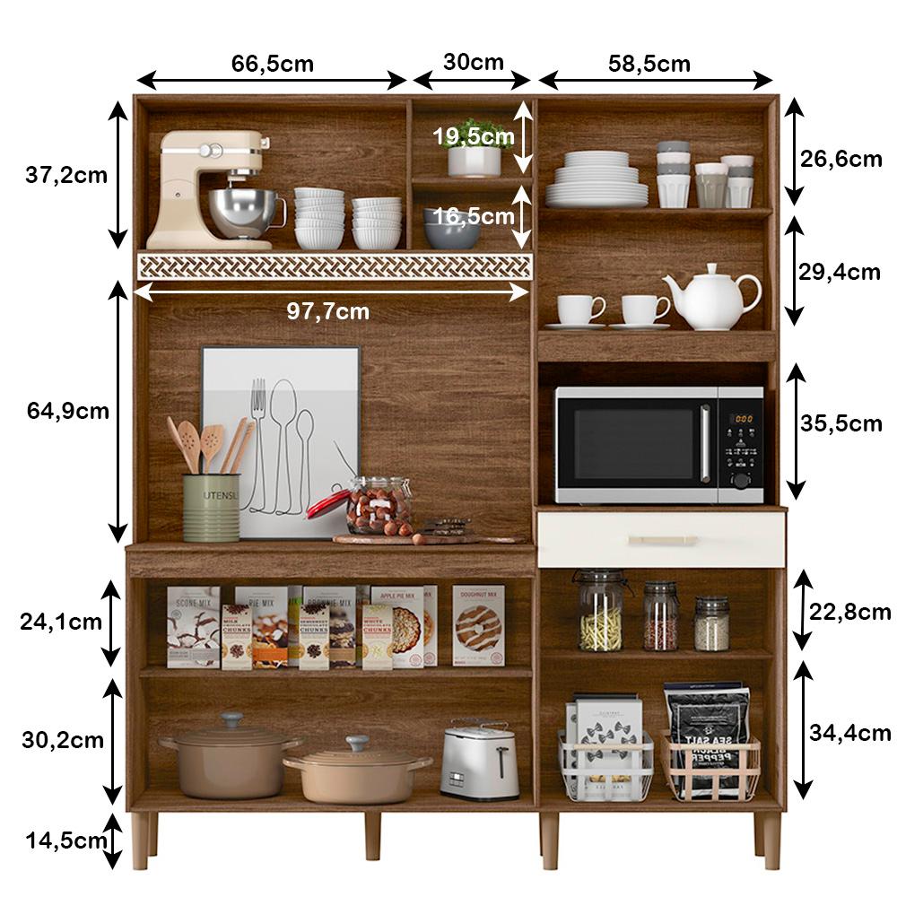 Armario Cozinha 7 Portas e 1 Gaveta Yara Evora Rustico/Off White Cristal