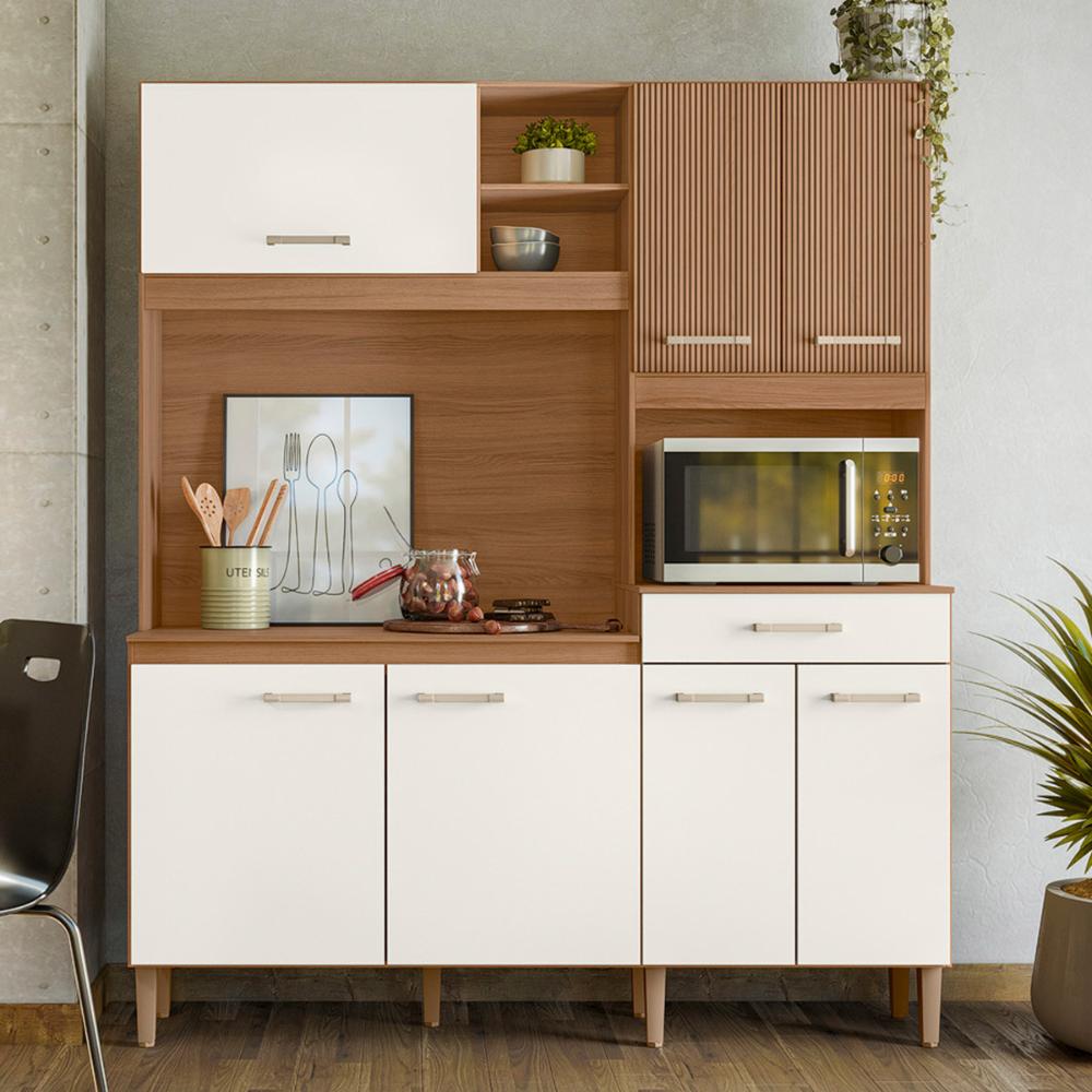 Armario Cozinha 7 Portas e 1 Gaveta Yara Ipe/Off White/Ripado
